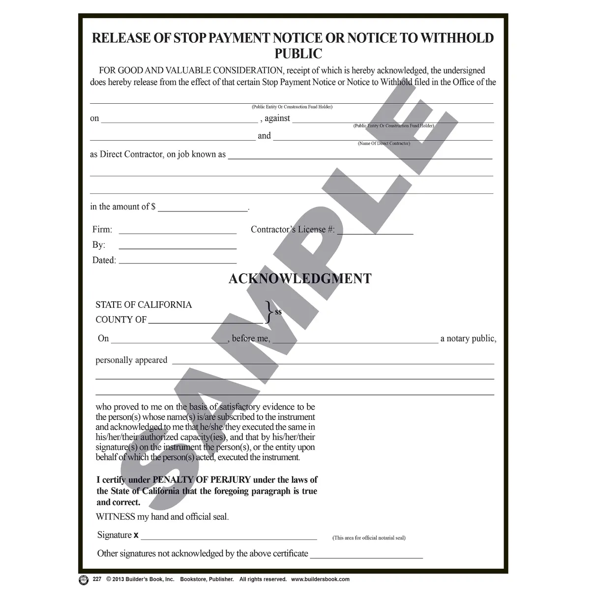 227 - Release of Stop Notice or Notice to Withhold (Public) Pack of 50 ...