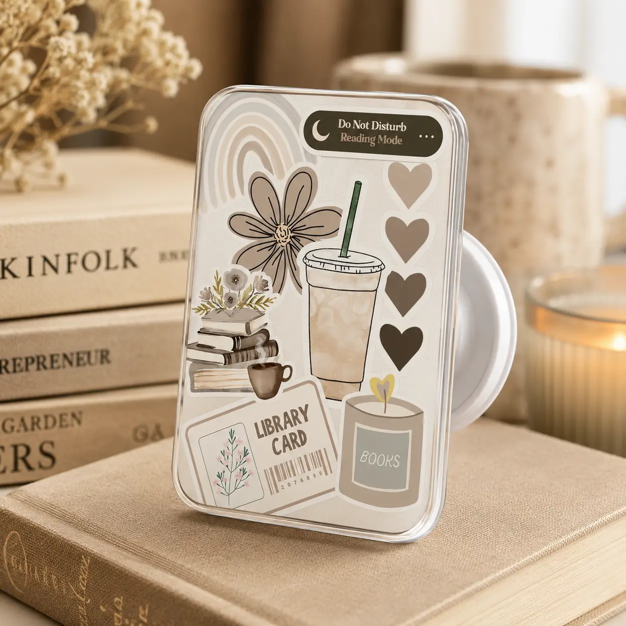 Cozy Reader Phone Grip Neutral Aesthetic Holder Do Not Disturb Reading Mode Book Lover Coffee Library Card Stand Universal Fit Gift