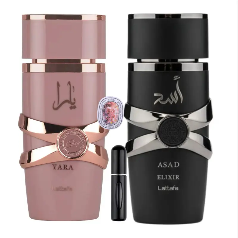 Lattafa Yara & Asad Elixir Perfume Bundle, Elegant Aromatic Fragrance with Strawberry, Vanilla & Caramel Base Notes, His & Hers Unisex EDP Spray Duo (2x100ml), Spray On Skin, Concentration