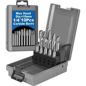 10-Piece Carbide File Set 1/4 Shaft with Gray Box, Maximum Head Diameter 10mm, Mold Grinder Drill Bits, Rotary Tool Accessories, File Accessories for Metal, Wood, Stone, Steel Grinding, Deburring, Cutting, Engraving