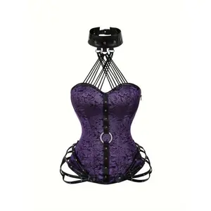[Steampunk Corset Bustier] Purple Steampunk Corset Bustier - Elegant Gothic Style Lace-Up,Blend-Hand Washable Vintage-Inspired Violet Blue