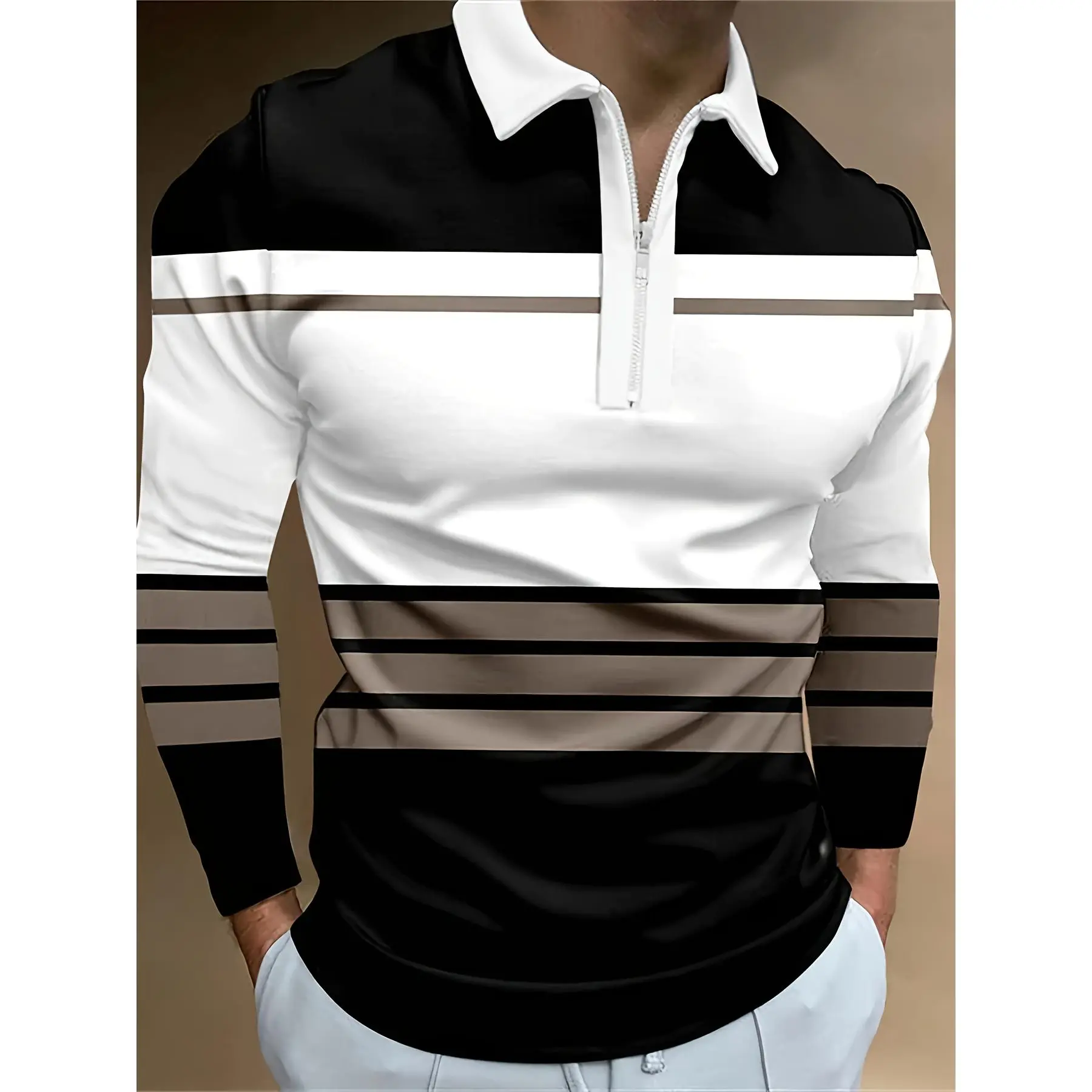 Men's Longsleeves Zipper Collar Striped Polo Shirt - Menswear Casual Sporty Polo Top, Lapel Design, Suitable for Spring and Autumn