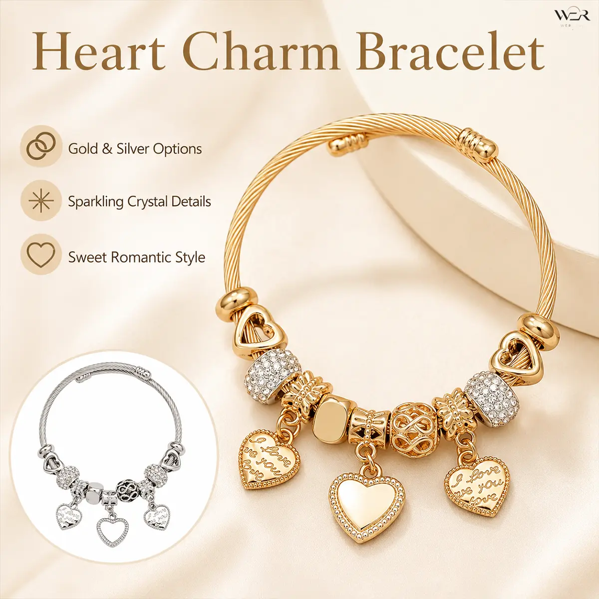 Heart Charm Bracelets for Women, Engraved Bangle in Lightweight Metal with Crystal Accents, Romantic Vibe for Daily Wear, Sweet Romance, Bangle Shape, Jewelry Bracelet, Elegant Bangle Bracelet