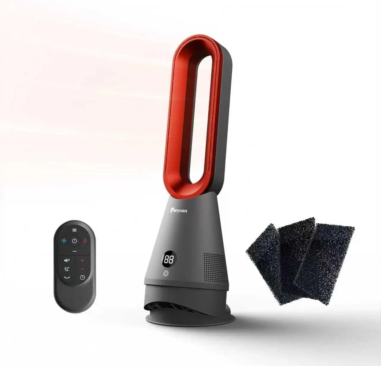 Bladeless Fan, 25inch Heating & Cooling & Filter Combo Tower Fan 80° Oscillating with Remote, 9H Timer, 8 Speeds, Portable Quiet for Indoor, Bedroom, Home Office Room(Grey & Red)
