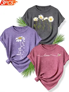 3Pcs Women's Crew Neck T-Shirts, Daisy Love Series Floral Print, Multiple Colors Available, Machine Washable, Spring & Summer Tops, Soft Skin-Friendly Fabric, Daily Casual Versatile, Fashion Design
