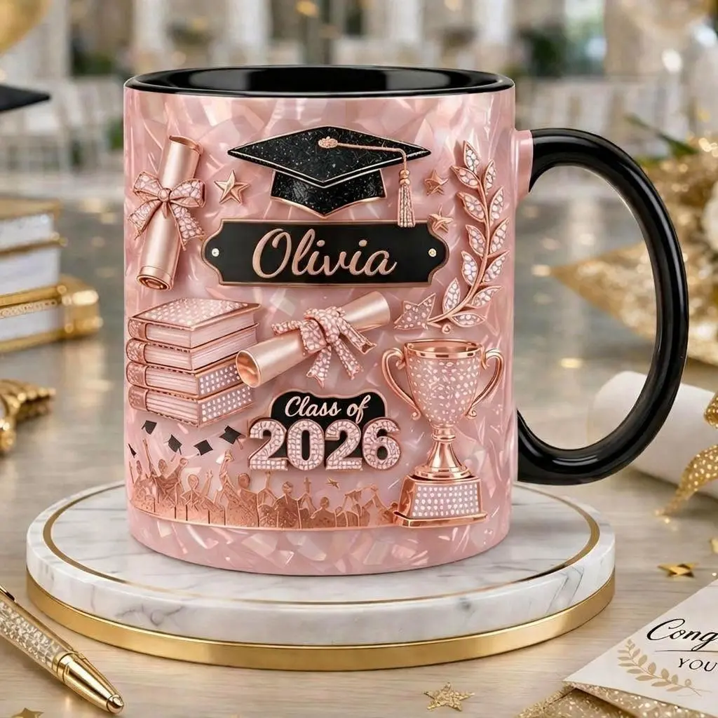 Custom Name Graduation Mug 2026, 2D Printed 3D Effect Personalized Class of 2026 Coffee Mug, Senior Graduation Keepsake Cup for College or High School Graduate, Cute Achievement Gift for Her, Perfect Graduation Day Gift Idea