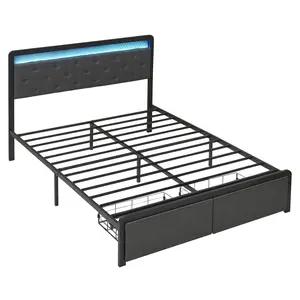Full Bed Frame with 2 Storage Drawers, RGB LED Lights, Upholstered Button-Tufted Headboard, Easy Assembly, No Box Spring Needed & Noise Free, Gray