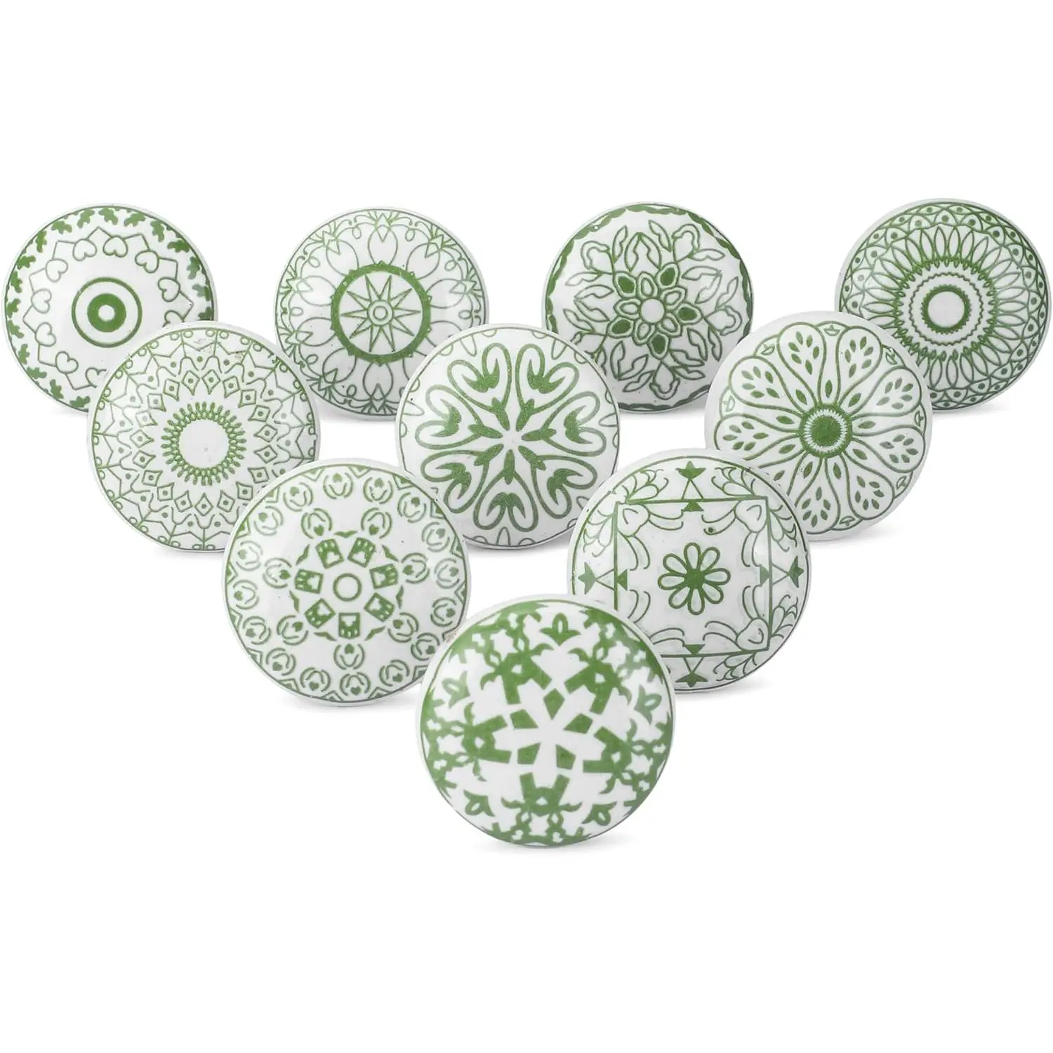 t of 10 Ceramic Knobs Green White Printed Cupboard Door Drawer and Furniture Pulls for Kitchen Cabinets Bathroom Dresr Drawers Handmade Pottery Decorative Knobs