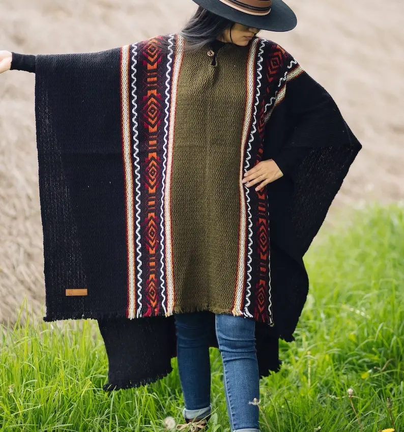 Indigenous Hands Handmade Sheep Wool Poncho Green Jay Closed Front with Hood, Handcrafted by Indigenous Hands
