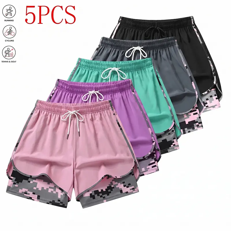 5-pack women’s faux two-piece athletic shorts with built-in camouflage anti-exposure lining, drawstring elastic waistband, quick-dry fabric, suitable for running, cycling, tennis, golf, fitness, and yoga/training; multicolor combination set