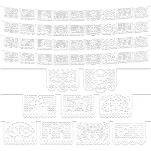 4 Pack White Papel Picado Banner 12.4FT Mexican Party Banner for Wedding, Authentic Mexican Papel Picado for Party, Cute Cielito Theme Decor, Day of the Dead (9 Patterns/16.5IN)