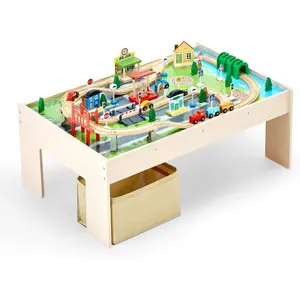 VEVOR Train Table, 62 Multicolor Pieces Wooden Kids Activity Table with Large Storage Drawer, 3-in-1 Wooden Train Set for Playing, Drawing, Reading, Eating, Creative Toy Set for Kids Ages 3+