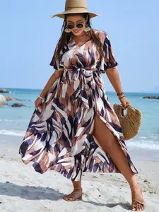Plus Size Tropical Plant Print Maxi Dress, Summer V Neck Short Sleeve Tie Waist Split Beach Vacation Dress, Women's Casual Fashion