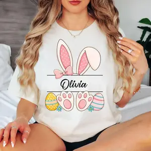 Custom Easter Bunny Name T-Shirt, Custom Bunny Ears and Paw Prints Shirt, Cute Easter Eggs Graphic Tee, Matching Family Easter Outfit Gift, For Men and For Women