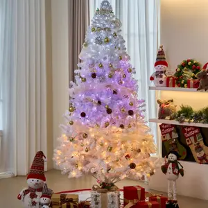 9ft Pre-Lit Christmas Tree,Hinged Artificial Christmas Pine Tree,White Christmas Tree with 2800 Branch Tips,750 Bulbs,Warm and 3-color Light Modes,Foldable Metal Base