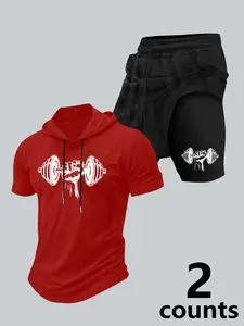 Men's 2 Piece Dumbbell Print Hooded Short Set, Y2K Gym Workout Sets Athletic 2-in-1 Shorts, Casual Bodybuilding Sportswear for Daily, Gym Fitness Clothes #springsaledeals2026 #summeroutfits #tiktokshopmademebuyit #menfashion