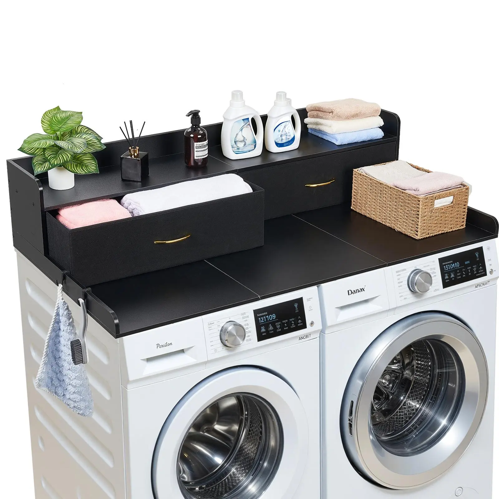 【DealsForYouDays】VEVOR Mid-Century Modern Washer and Dryer Countertop with Shelf, 54x27.5 in Wooden Topper, 2 Drawers, 2 Hooks, 113 kg/250 lbs Capacity, Father's Day Essential for Laundry Closet Organization