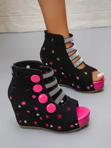 Women's PU Leather Fringe Wedge Sandals, Watercolor Pattern, Above Ankle Height, Casual Style, Anti-Slip Rubber Sole, Multi-Color Options