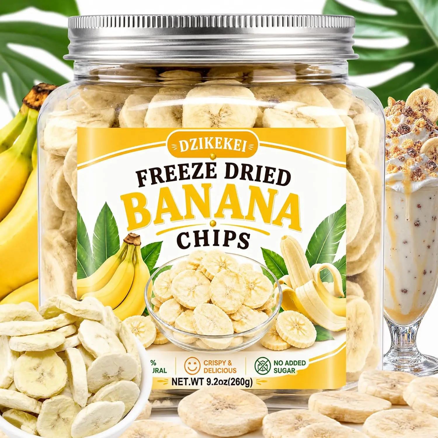 Natural Dry Freeze Dried Banana Chips, 9.2 oz, No Added Sugar, Crispy Fruit Snack