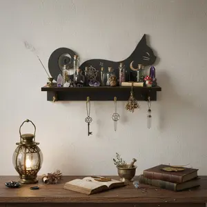 FNYDOX Cat Crystal Display Shelf Gothic Witchy Shelves Home Decor Rock Gem Stone Wall Shelf Crystal Holder Cute Shelf for Trinket Knick Knack Spiritual Gift Wicca Wiccan Supplies
