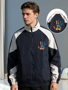 Men's Colorful Palm Print Stand Collar Jacket, Bold Patchwork Unique Print Design, Perfect for Daily Commute Outdoor Activities