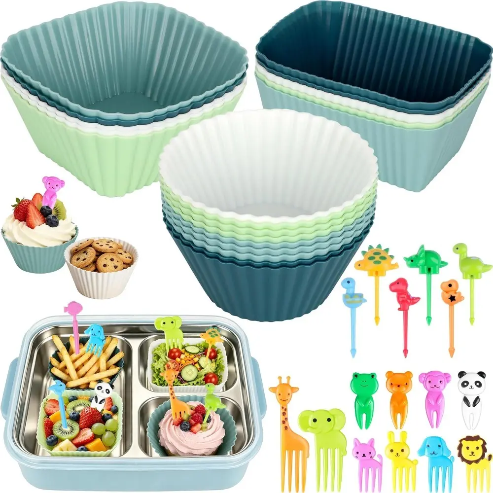 66PCS Silicone Lunch Box Dividers & Cute Animal Food Picks for Kids 20 Reusable Silicone Cupcake Liners, Muffin Baking Cups, 46 Fruit Toothpicks, School Lunchbox Bento Box Accessories Supplies