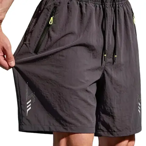 Men’s Lightweight Drawstring Gym Shorts - Summer Ice-Feel Quick-Dry Sporty Chic Bottoms, Highly Elastic Breathable Polyester Blend Fabric, Zippered Side Pockets, Activity Print Design, Casual Length, Loose-Fit Cut, Outdoor Wear