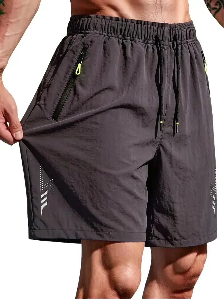Men’s athletic shorts—summer men’s ice-feel quick-dry shorts made from highly elastic, breathable fabric that doesn’t trap sweat or restrict movement. Drawstring waistband for a snug fit without pressure, zippered side pockets for secure storage.