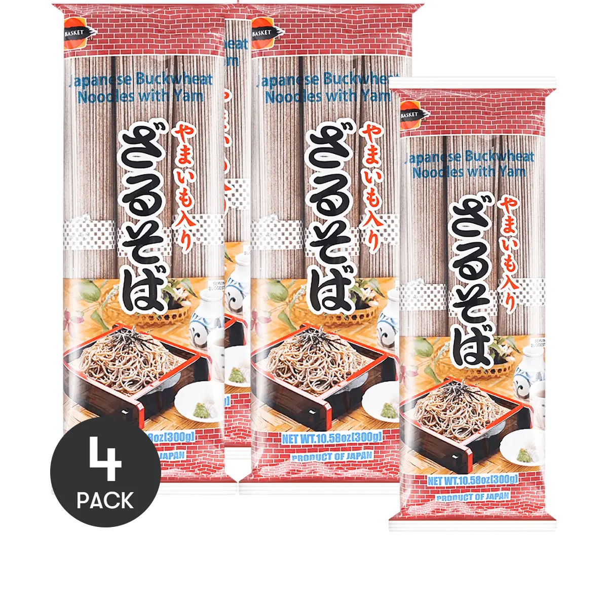 4 Pack J-BASKET Zarusoba Japanese Buckwheat Noodles With Yam 10.58 oz - Cold Soba, Authentic