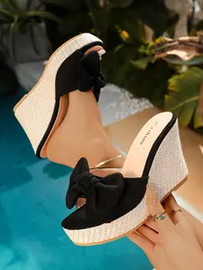 Women's Sweet Bow Wedge Sandals, Stylish Woven Thick Sole for Height and Comfort, Summer Street Style Essential, Easy Girl Look