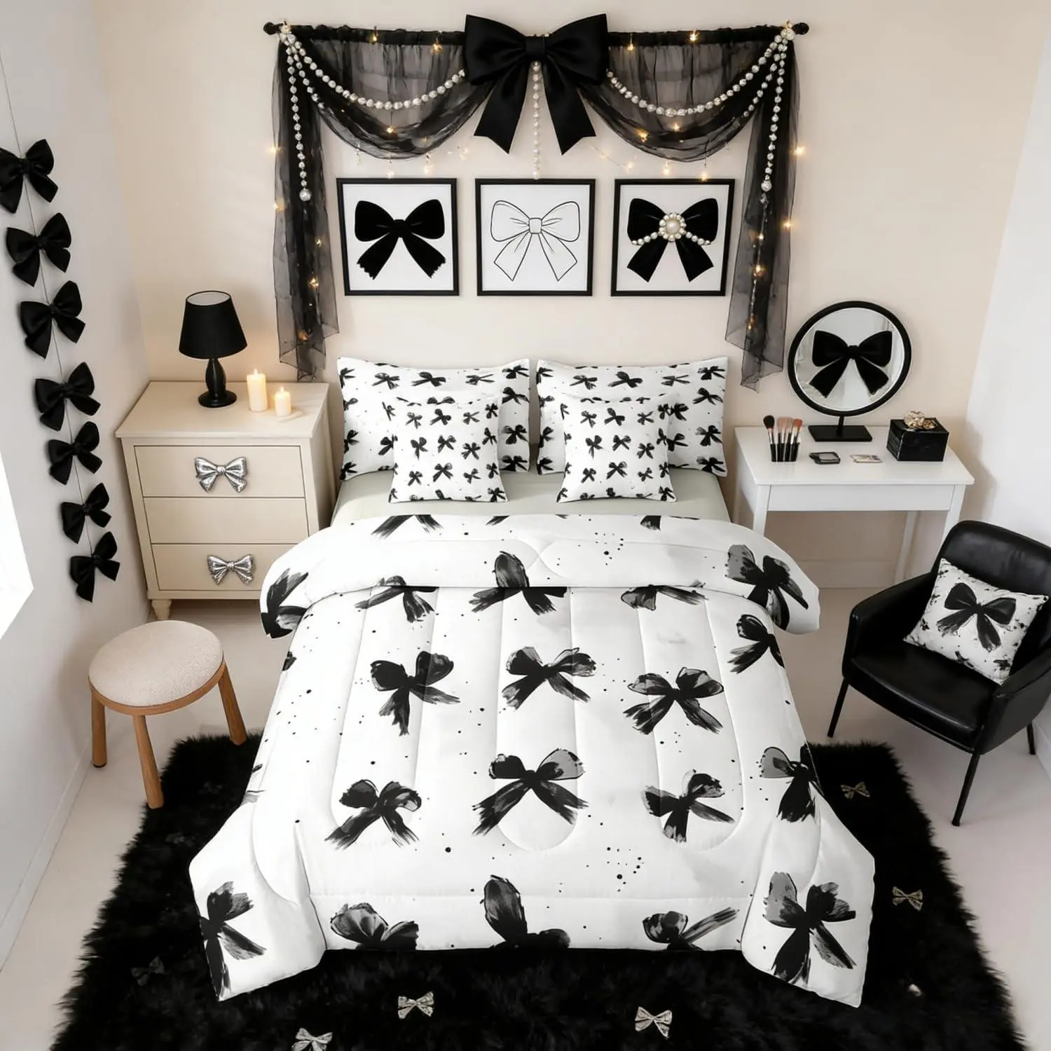 Black Bowknot Bedding Set,Bow Tie 7-Piece Bed in A Bag,Coquette Bows Sheets and Pillowcases,Cute Bed Sets for