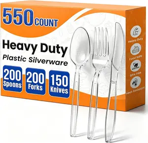 550PCS Heavy Duty Clear Plastic Cutlery Set – Disposable Forks, Spoons & Knives, BPA Free Heat Resistant Plastic Utensils for Parties, Catering & Events