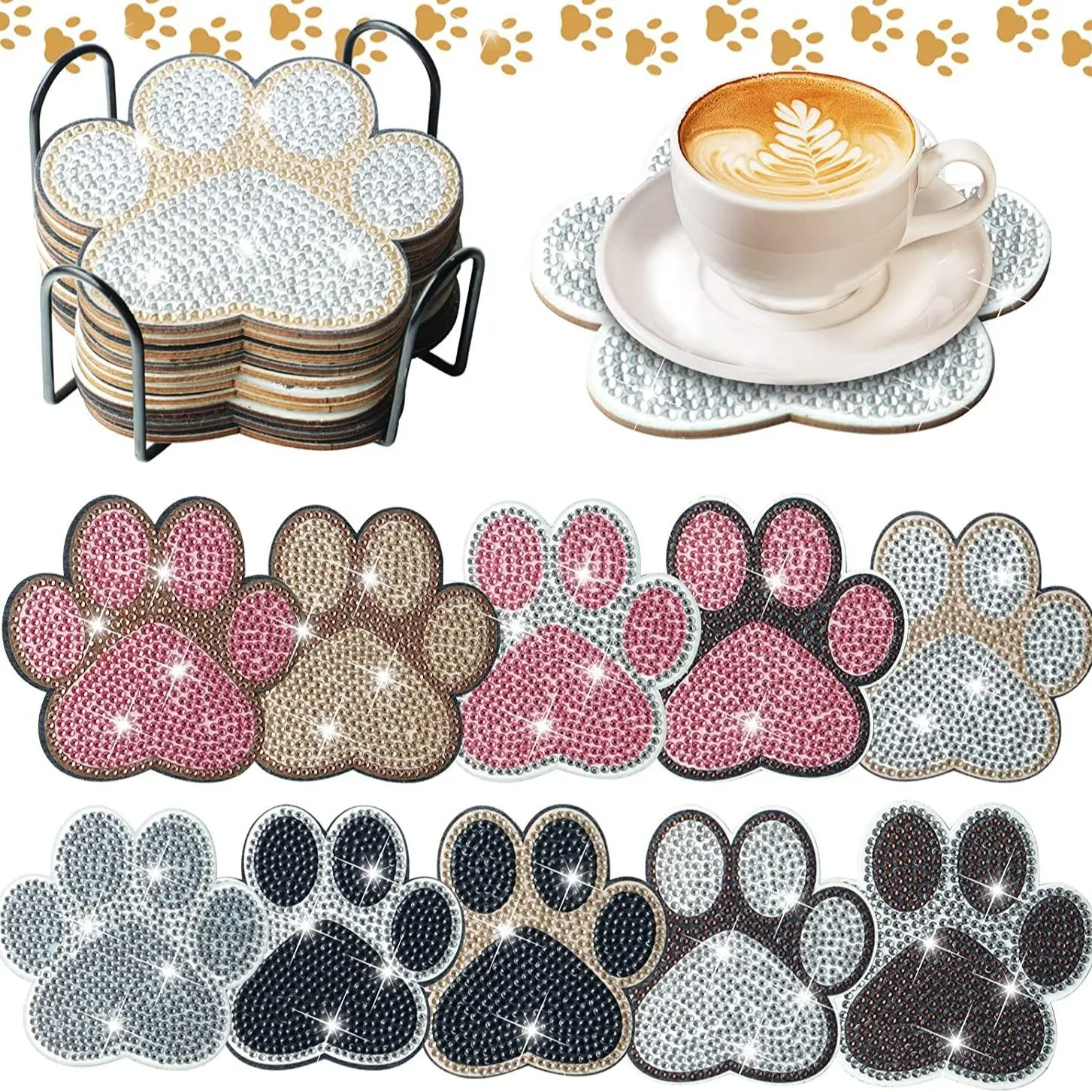 10 pieces/Set of irregularly shaped claw pattern artificial diamond painted coasters, DIY crystal diamond painted wooden coasters with stands, suitable for adult office coffee MATS, home coasters, craft products, gifts, Diamond Painting Coasters