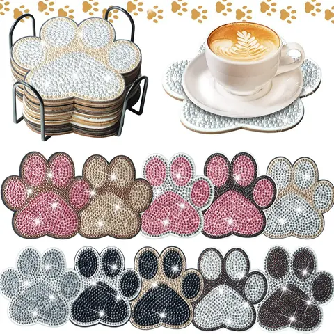 10 pieces/Set of irregularly shaped claw pattern artificial diamond painted coasters, DIY crystal diamond painted wooden coasters with stands, suitable for adult office coffee MATS, home coasters, craft products, gifts, Diamond Painting Coasters