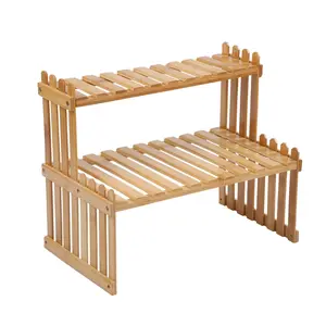 14.6"/18.5" 2 Tiers Bamboo Plant Stand Shelf,Desk Flower Pot Holder,Adjustable Desktop Shelf Display Organizer Ladder Rack for Office Decorate Storage Rack,Kitchen Rack (14.6" Length)