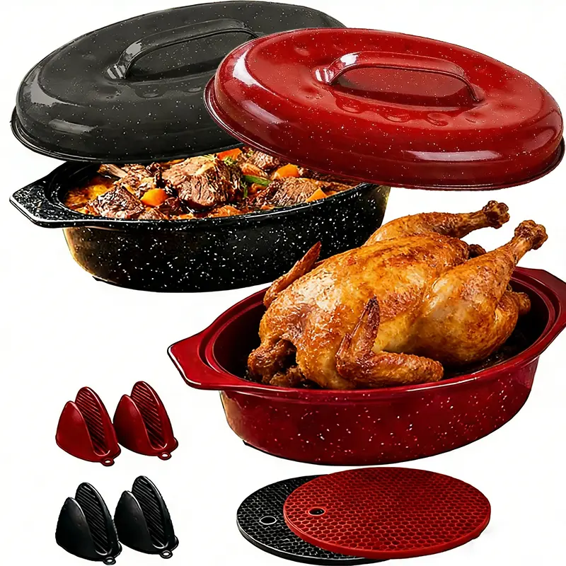 Oval Enamel Roasting Pan with Lid - Heavy-Duty Oven & Dishwasher Safe Suitable for Turkey, Beef Roaster, Baking Dish with Black/Red Speckled Enamel Coating, Thermoresistant for Christmas & Thanksgiving Gatherings, Safe