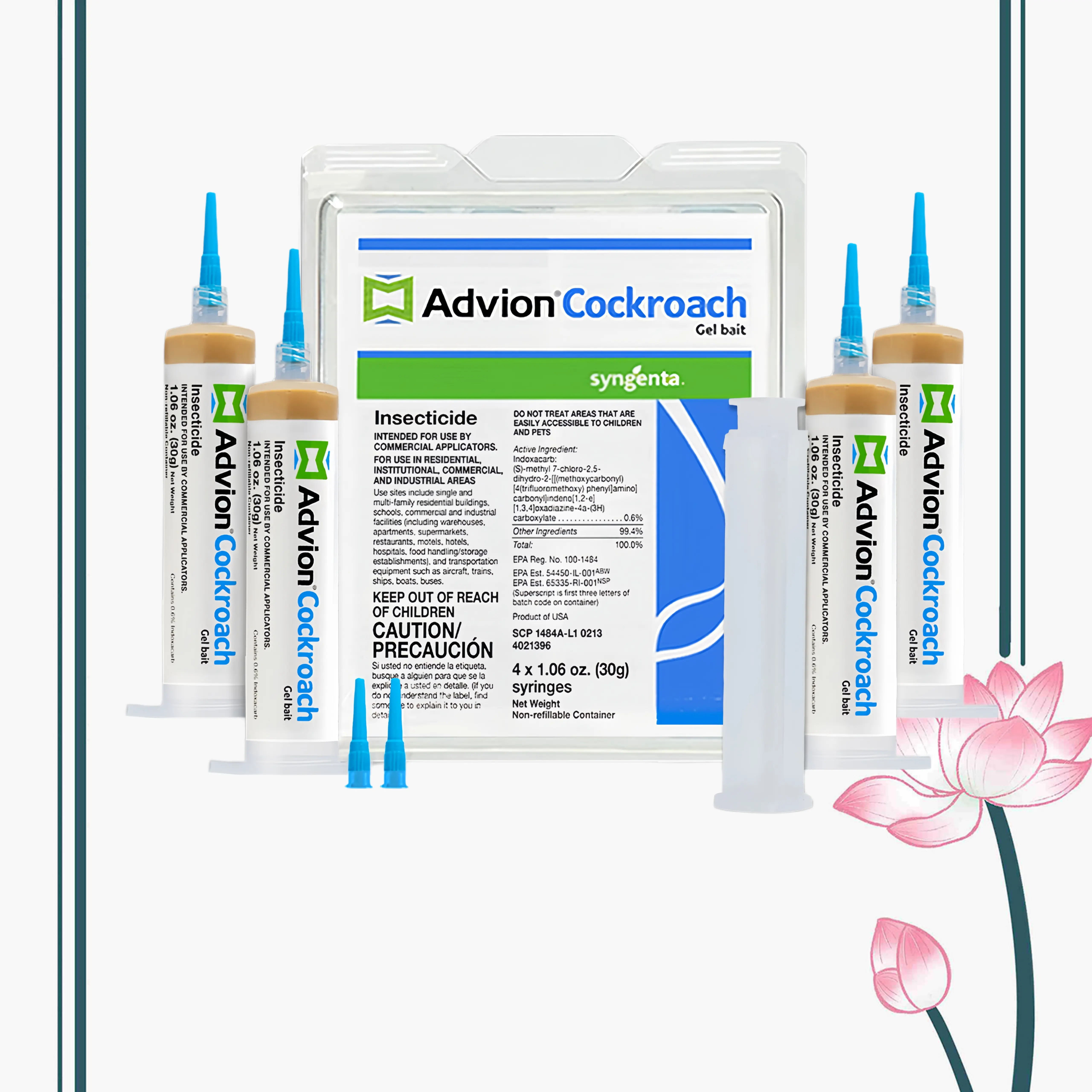 Advion Cockroach Gel Bait, 4 Tubes x 30-Grams, 4 Plunger and 4 Tips, German Roach Insect Pest Control, Indoor and Outdoor Use, Roach Killer Gel for American, German and Other Major Cockroach Species