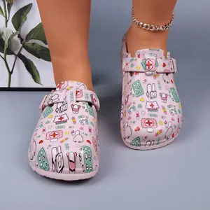 Pink Medical Healthcare Workers Cartoon Print Platform EVA Clogs Mules Walking Shoes with Adjustable Buckle Water-Resistant Comfortable Fit for Nurses Doctors & Everyday Use