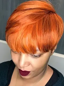 350 Ginger Orange Color Straight Human Hair Wig for Women Pixie Cut Wig Halloween Wig Full Machine Made Wig 150% Density 6 Inch
