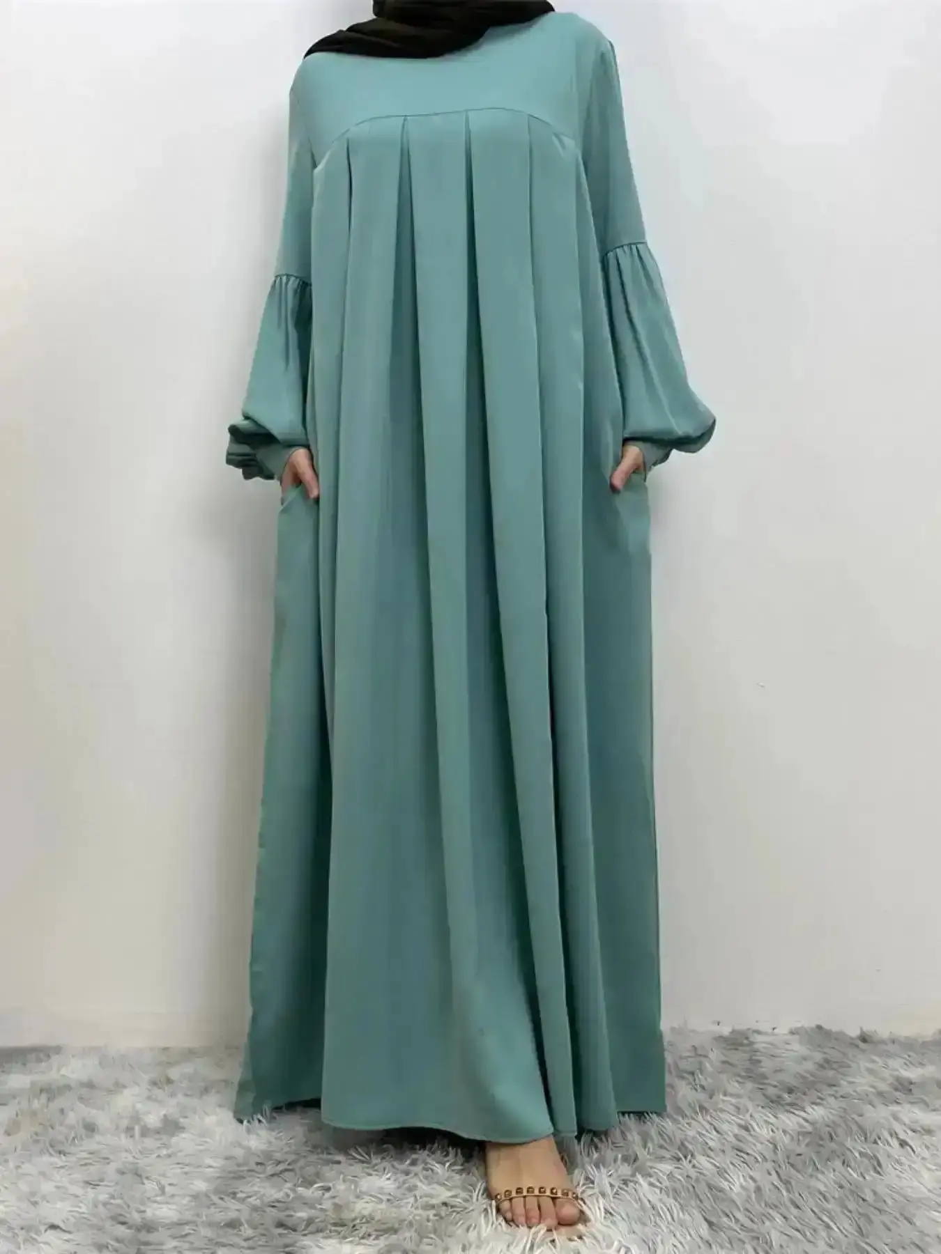 Women's Solid Lantern Sleeve Arabian Dress Without Hijab, esty Casual Long Sleeve Pleated Dress, Ladies Spring & Fall Clothes For Daily Wear, Closet Staple, Wardrobe Staple, Classic Design, Minimalist Chic