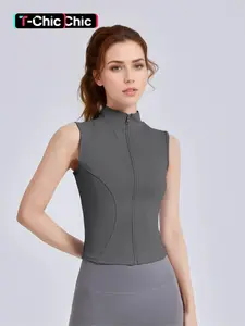 Women's Solid Thumb Hole Design Sports Jacket, Sporty Zip Up Sleeveless Outerwear for Yoga Gym Workout, Gym Workout Tops, Ladies Sportswear for All Seasons, Sports Slim Fit, Workout Activewear