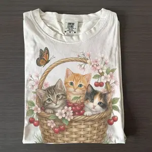 Comfort Colors Vintage Cute Kittens Cherry Basket 90s Graphic Tshirt, Retro Cottagecore Floral Cat Unisex Shirt