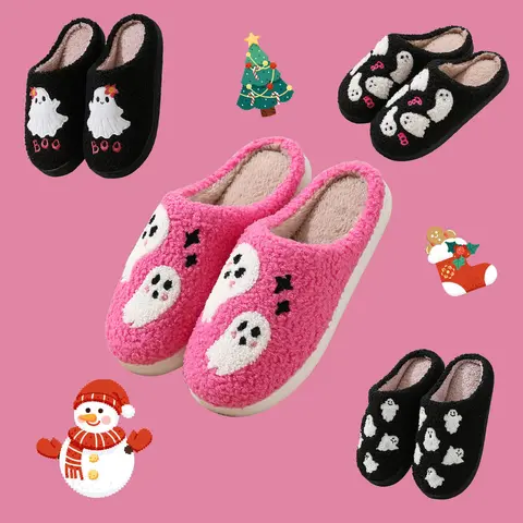 Women's Flat Festive Christmas Slippers - Soft Cotton Plush, Cute Casual Style, Cozy and Fluffy, Character Graphic, Memory Foam, Indoor Foot Cushion, Effortless Wear, Fall-Winter Unisex House Slippers