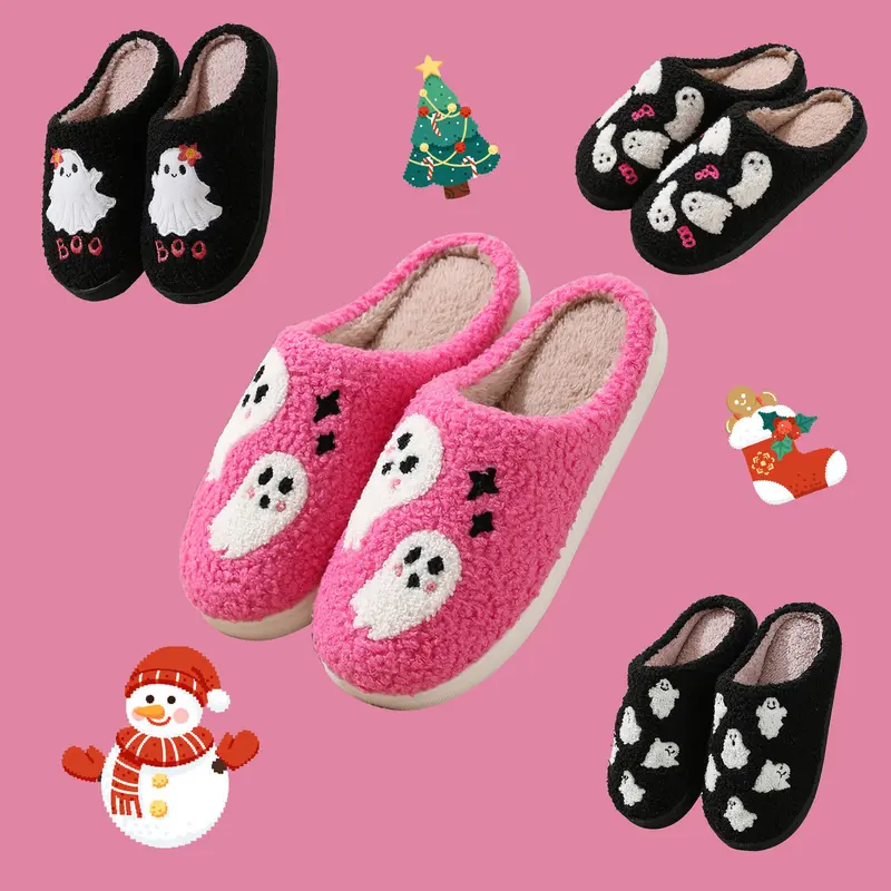 Women's Flat Festive Christmas Slippers - Soft Cotton Plush, Cute Casual Style, Cozy and Fluffy, Character Graphic, Memory Foam, Indoor Foot Cushion, Effortless Wear, Fall-Winter Unisex House Slippers