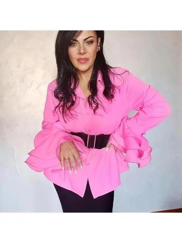 UOOZEE Lady's Minimalist Plain Longsleeve Collared Lapel Blouse - Fitted Polyester Ready-to-Wear Piece with Buttoned Collar, Bow Embellishment, Flared Ruffle Trim for Office OOTD, Going Out ($19.99), Basic, Casual, Shirts, Everyday, Going Out Tops, Great,
