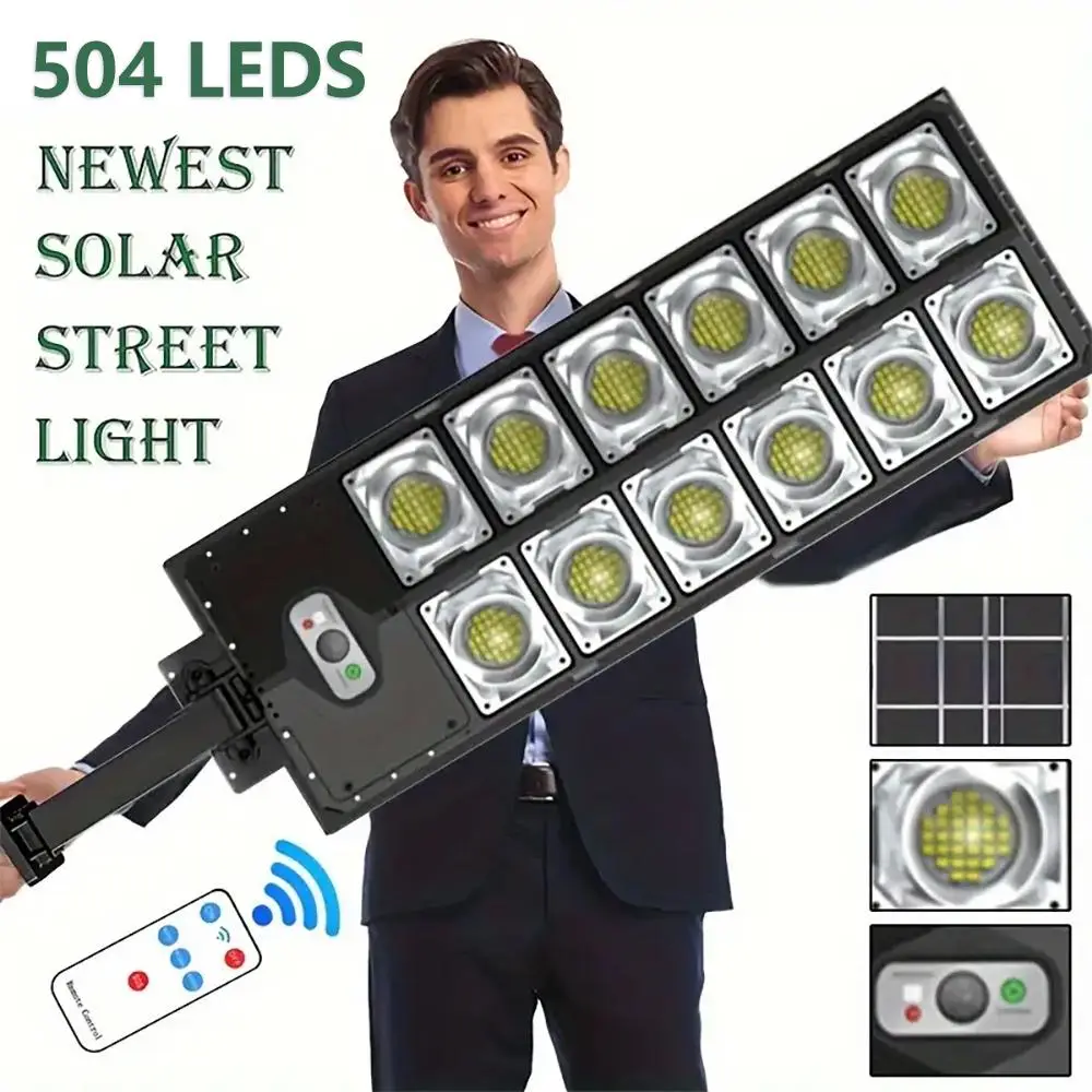 Solar Street Lights - Outdoor Waterproof, 6500K 10000LM, 504 LEDs, Dusk to Dawn, Commercial Flood Light with Motion Sensor and Remote Control