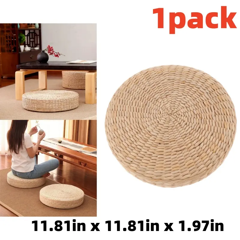 1 Pack Elastic Breathable Circular Weave Handwoven Tight Natural Grass Woven Futon Meditation Mat - 11.81in X 11.81in X 1.97in, Rustic Look Tatami Floor Mat, for Indoor/Outdoor Meditation, Home Decoration
