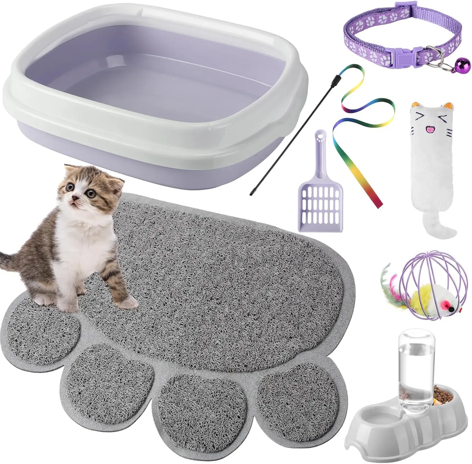 Stylish Purple Kitten Starter Kit - Cat Litter Box with Shovel, Non Slip Bottom Soft PVC Paw Litter Mat, 2-in-1 Double Bowl Tray with Water Dispenser, Toy Teaser Stick, Collar - Fun Kitten Supplies for Beginners