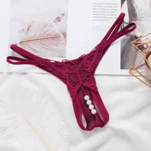 Embroidered Sexy Panties for Women Hollow Out Pearl Massage Open Crotch Thong Ultra-thin T-back Womenswear Lingerie Bridal Basic