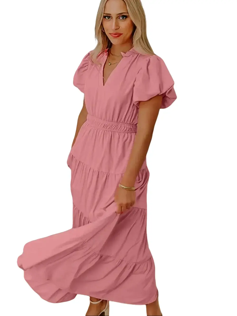PHEFEE Women's Gossamer Pink Puff Sleeve Tiered Maxi Dress V-Neck High Waist Flowy Summer Boho Casual Sundress with Pockets